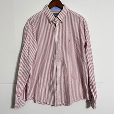 Nautica Mens Dress Shirt Size 16.5 34/35 White Striped Red Classic Fit