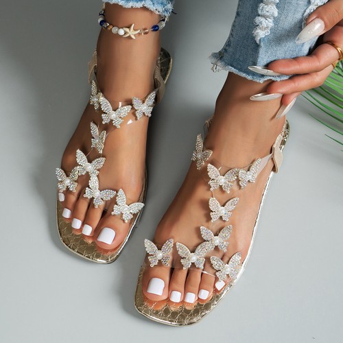 Sandali donna eleganti farfalla trasparenti tacco piatto cinturino elastico slingback spiaggia - Foto 9 di 14