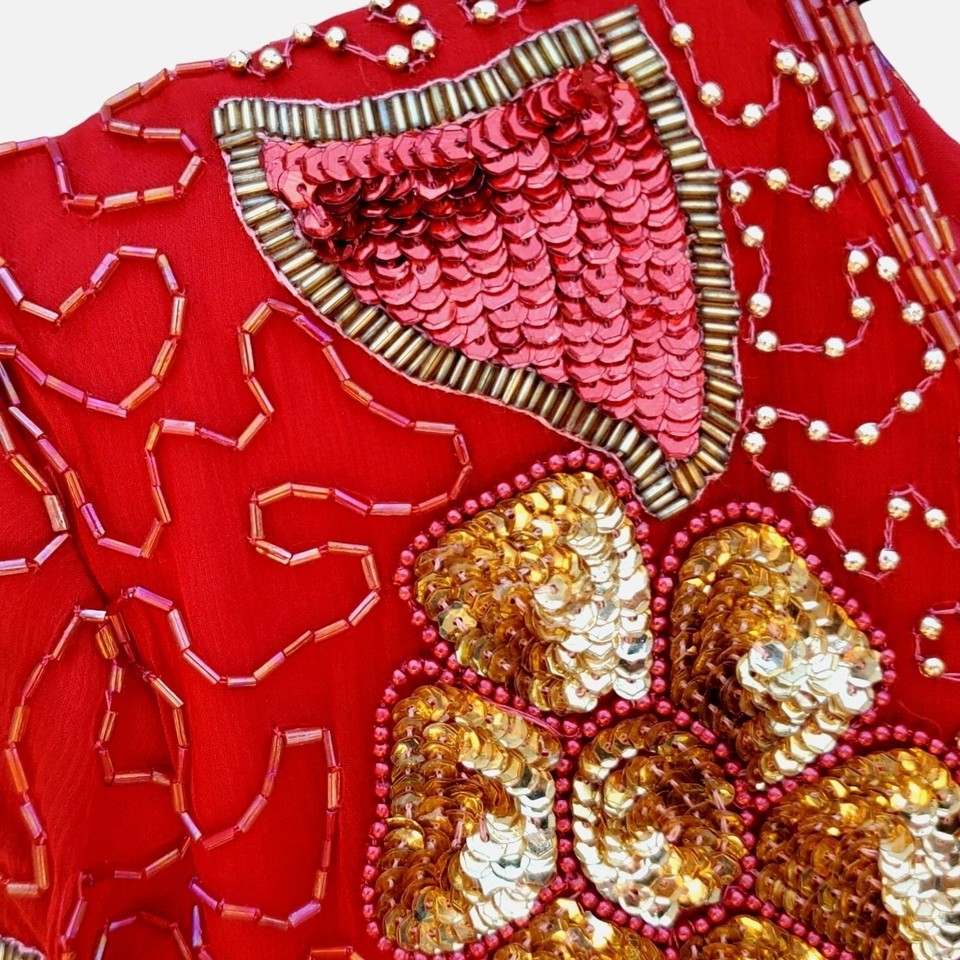 80s Cocktail Dress Short Formal Womens M Red Silk Beaded Embellished