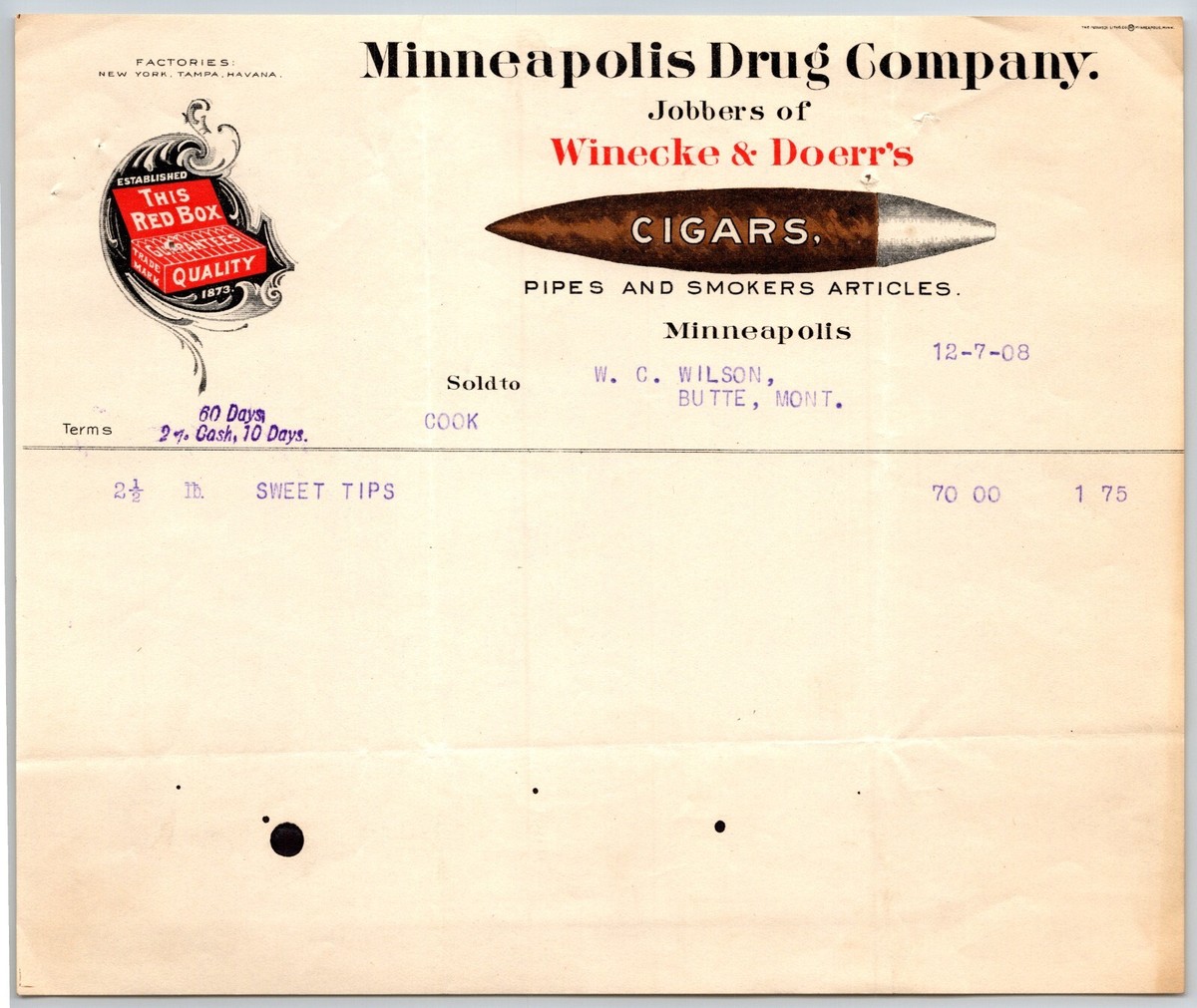 Minneapolis Drug Co. Winecke & Doerr's Cigars Red Box Cigarettes 1908  Billhead