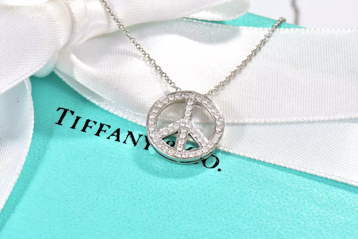 Tiffany Co Platinum Diamond Large 15mm Peace Sign Pendant 22.5