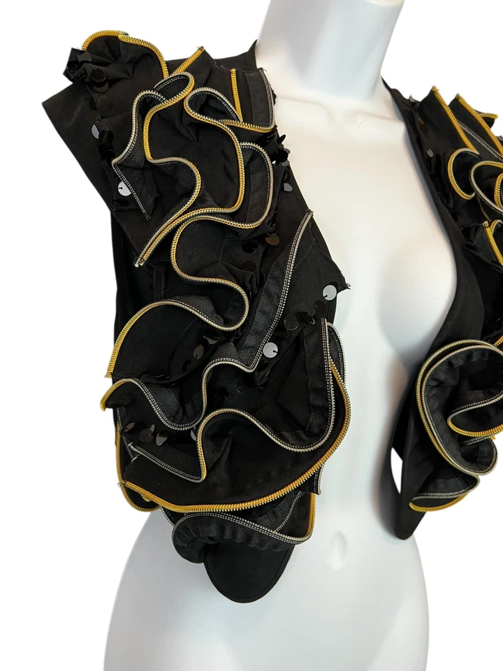 Simon Chang 装饰荷叶边背心女式 6 码黑色带亮片和拉链装饰 — 第 2/4 张图片