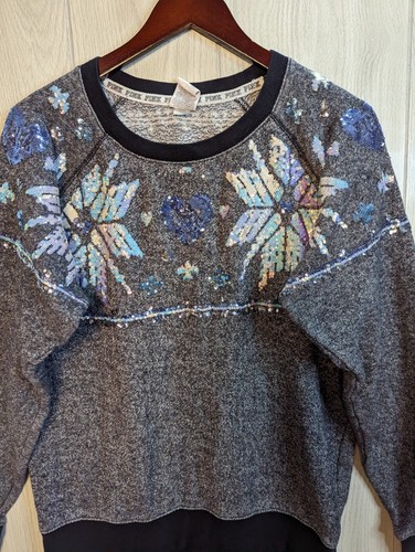 PINK by Victoria's Secret Gray Crewneck Sequenced Snowflakes Winter XS - Picture 2 of 7