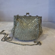 Bag Evening/Purse VTG Beaded Scalloped Shell Drop Chain W/mirror