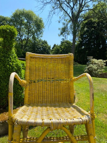 Vintage Canary Yellow Wicker Chair Armchair Reading Bamboo Wicker Rustic Boho - Picture 2 of 18