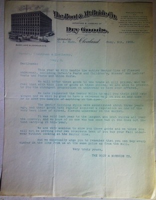 1903 Root & McBride Co Dry Goods Promo Letter, to Zimmerman & Kuecherer Zoar OH