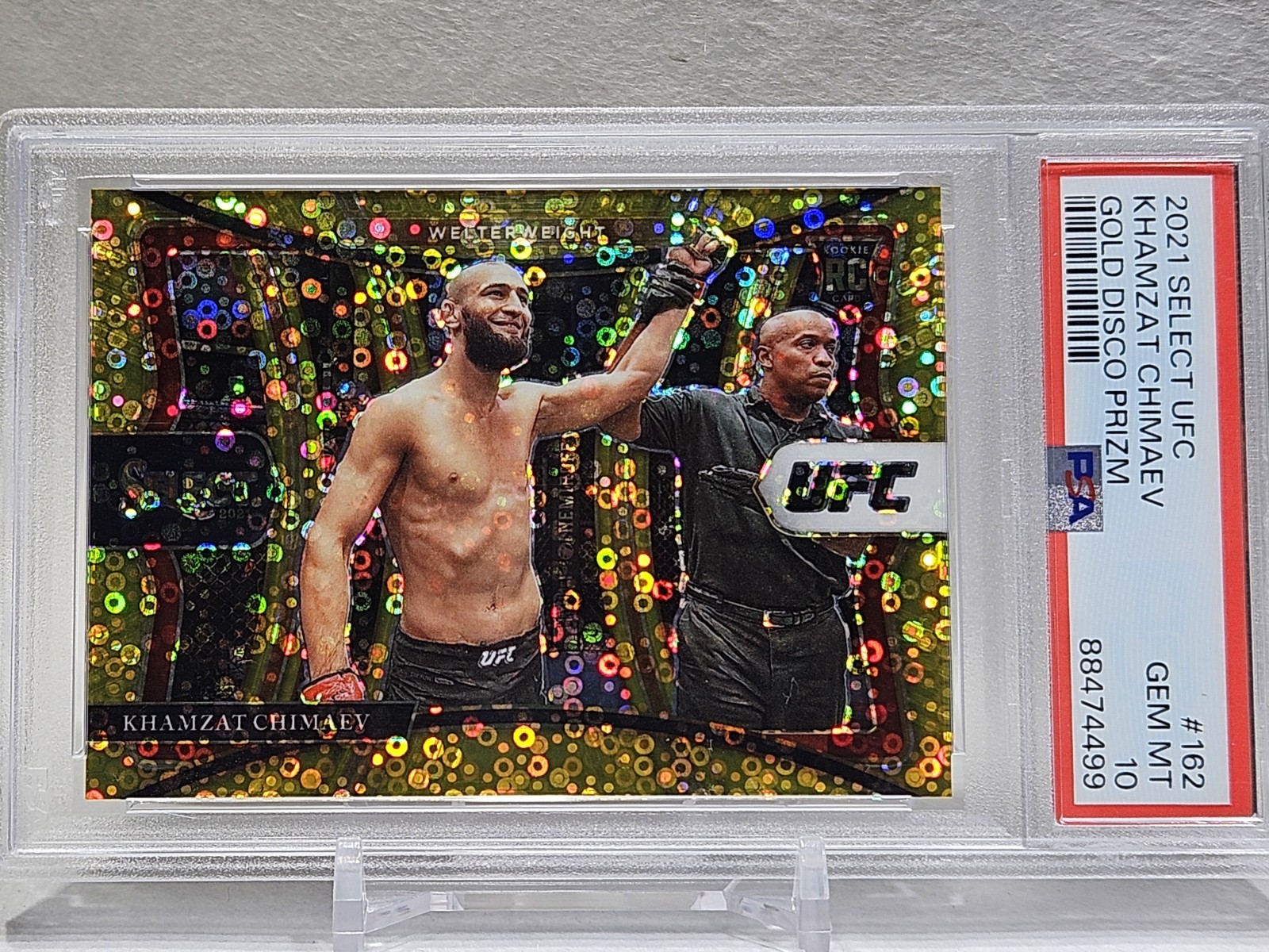2021 Select UFC Gold Disco Prizm Premier #162 RC Khamzat Chimaev 1/10 PSA GMT 10