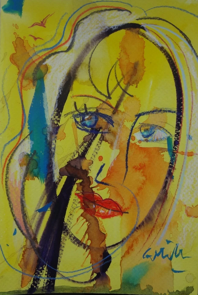GERRY MILLER. Aquarell. Ohne Rahmen. 15x21cm. Gesicht. Gelb. - Bild 1 von 3