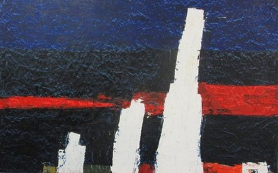Oil painting abstract red blue white approx 150x85 stretched canvas filled