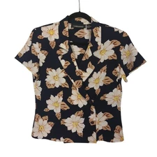 COUNTERPARTS Floral Blouse Navy Blue Tan White Short Sleeve Blouse 8 Medium