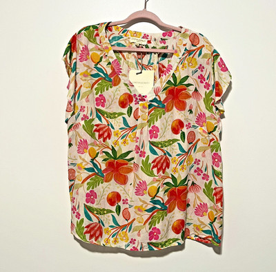 Cynthia Rowley Womens Gauzy Blouse 1X Fruit Floral Resort Boho Summer Colorful