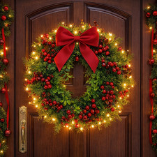Large Christmas Wreath Red Berries Bow Front Door Holiday Home Decor 13.8