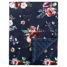 Baby Blanket Girls Double Layer Minky Dark Blue Floral 30x40 Inch