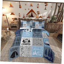 Kids Camper Comforter Set Happy Camping Bedding Set Rv Bunk Queen Blue Grey
