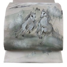 Japanese Kimono Fukuro obi masterpiece horse tree silver thread gray and white