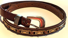 Vintage Fossil Brown Genuine Leather Southwestern Concho Skinny Belt Sz 32.5''