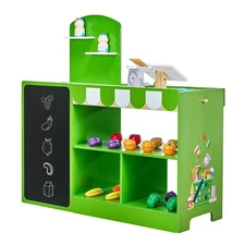 Kids Grocery Store Playset Wooden Play Market Stand with Cash Register