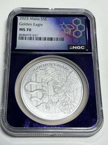 2025 Malta Golden Eagle 1 oz .999 Silver NGC MS70 Purple Core
