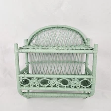 Vintage Wicker Rattan Wall Shelf With Towel Bars Bathroom Jade Green Coastal MCM