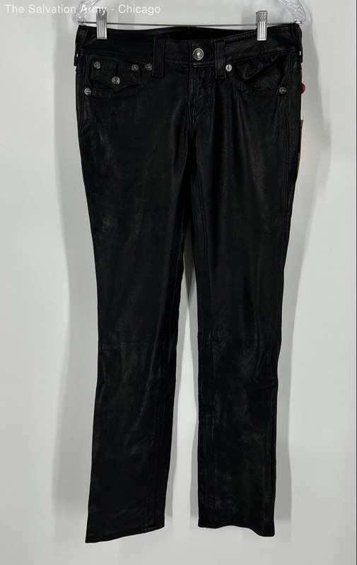 True Religion Womens Black Leather Billy Flat Front Pockets Trouser Pants Sz 27