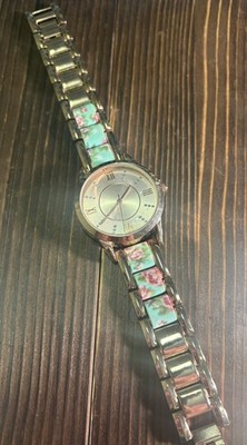 Accutime Women's Floral Quartz Wristwatch Gold Multicolor Metal Band Analog New