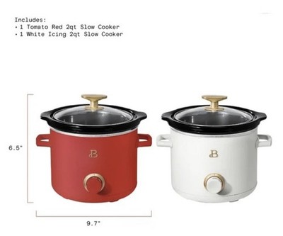 Drew Barrymore Beautiful 2 Qt Slow Cooker Set 2 Pack White Icing, Tomato Red New