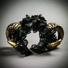 Dark Gold Gothic Demon Halloween Skull Horn Women Headband with Laces Black Rose