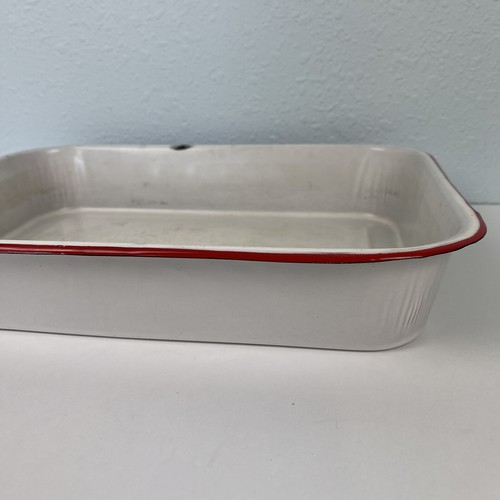 Vintage Enamelware White Red Rim Baking Dish Pan Refrigerator Dish Rectangle - Picture 8 of 14