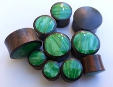 Pair Handmade Shiny Cloudy Green Resin Sono Wood Saddle Ear Plugs Tunnels Gauges