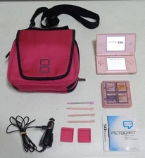 Pink Nintendo DS Lite Console Bundle w/Charger, Cases, Styluses, 16 Games Tested