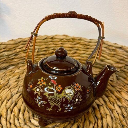 Vintage Redware Rooster Design Tea Pot Ceramic - Picture 1 of 8