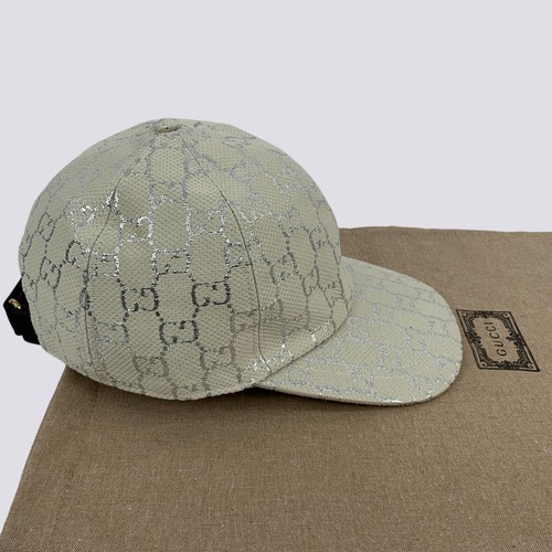 Gucci GG Monogram Silver Lame Canvas Baseball Cap Hat White Size M - Picture 12 of 23