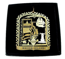 Rhode Island Ornament Brass State Landmarks, Personalize w Year Charm 2018-2026