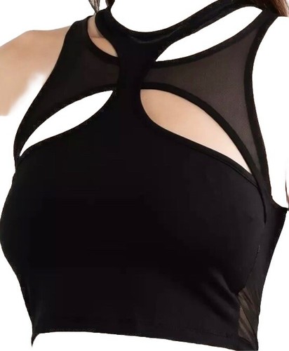 Bershka crop black top S node halter-neck tulle sheer chiffon cut out vest new - Picture 6 of 7