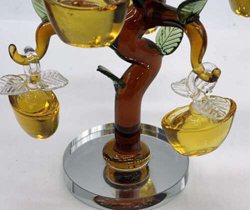 Pier One Amber Glass Tree Miniature Gold Apples Green Leaves Mirrored Base - Picture 8 of 11