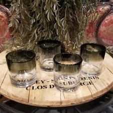 Vintage ARTLAND Smokey Rim Hand Blown Lowball Old Fashioned Whiskey Glass Set