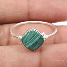 925 Sterling Silver Square Malachite Stone Bezel Elegant New Band Ring Jewelry