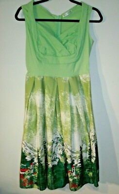 Hua Lan Retro 50s Rockabilly Swing Dress Mint Green Alpine Scene Size M