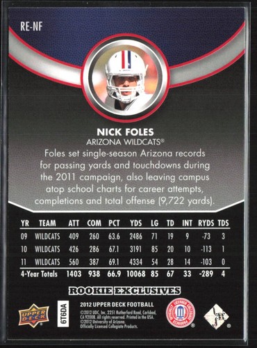 2012 Upper Deck Rookie Exclusives #RE-NF Nick Foles RC - Picture 2 of 2