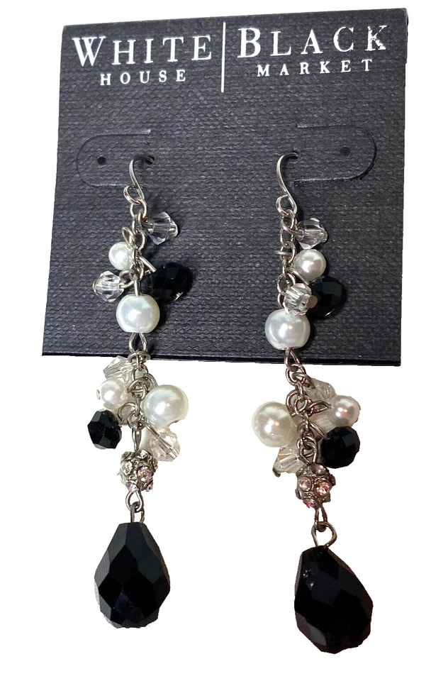 WHBM 长银色悬垂耳环黑色玻璃人造珍珠镜面球钩 — 第 3/4 张图片