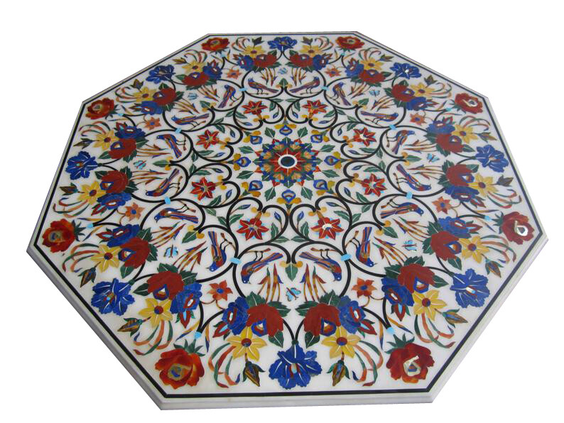 48-Inch Marble Tabletop with Floral Inlay & Semi-Precious Stones for Elegant Home Decor