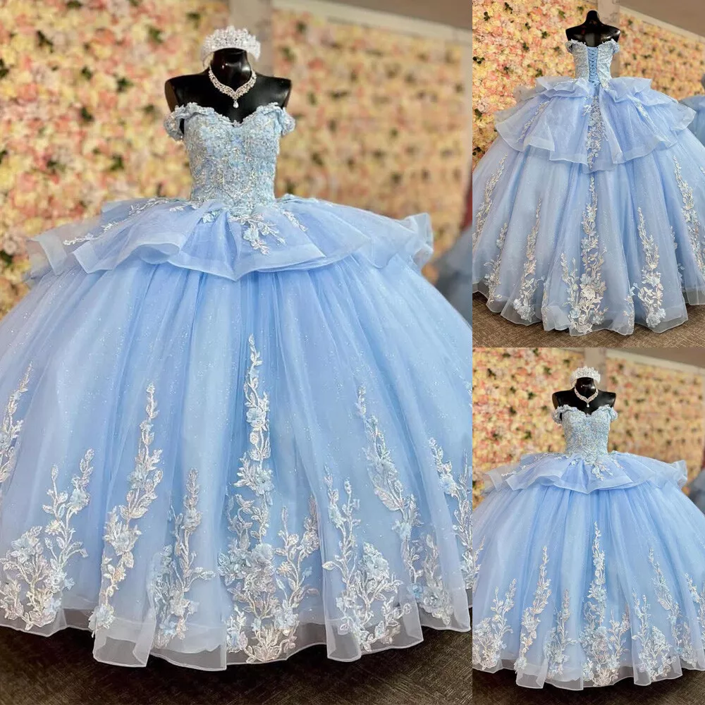 Princess Sky Blue Ruffles Quinceanera Dresses Sweet 15 16 Prom Party Ball  Gowns