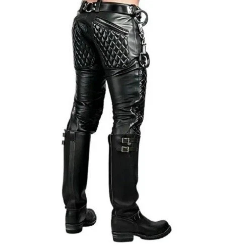 Mens Biker Jeans Real Black Leather Pants Punk Kink Motorcycle Trousers - Image 3 of 4