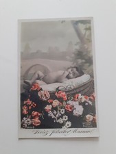 CPA FANTAISIE FAIRE PART DE NAISSANCE enfant couffin fleurs 1900