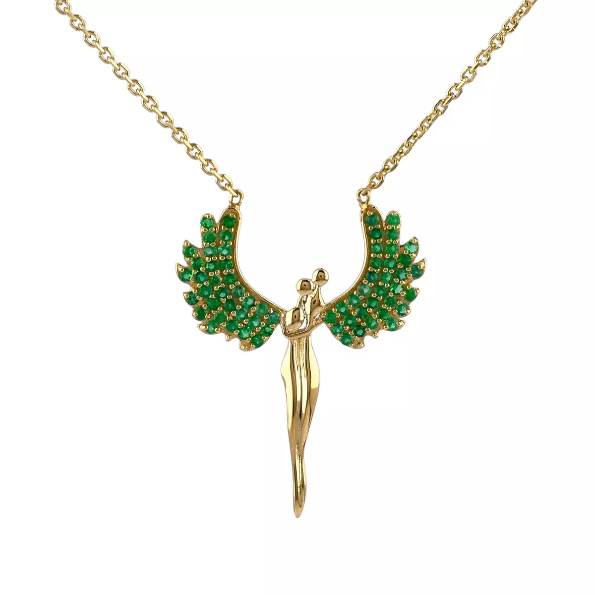 Archangel Michael 18K Solid Gold Religious Necklace Emerald Wings