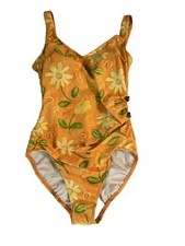 1980s vtg swimsuit SIDE ROUCHING BUTTONS Bright Yellow Orange Floral S/M