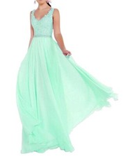V-Neck Chiffon Lace Wedding Formal Ball Gown Long Bridesmaid Party Prom Dress,/