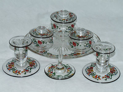 ART DECO STUART KRISTALL SELTENES SCHMINKTISCH SET EMAILLIERT um 1925  