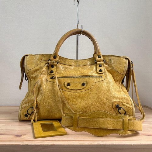 BALENCIAGA The City 2way Handbag Shoulder Bag Leather Yellow Used From Japan F/S