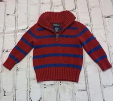 Boys Polo Ralph Lauren 1/2 Zip Sweater Red Blue Stripes 100% Cotton 2T